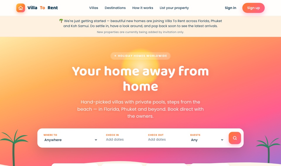 Villa To Rent — holiday-rental marketplace homepage