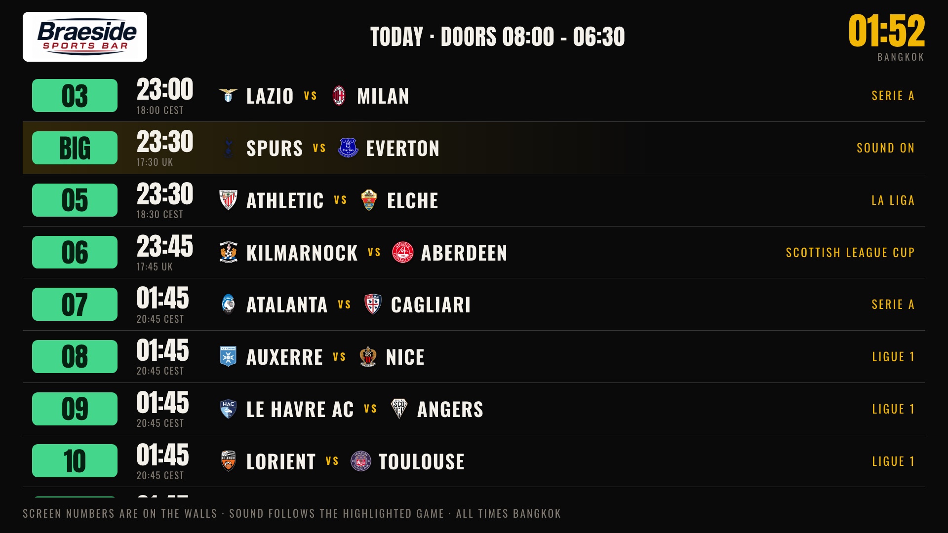 Today's card for a screen in the bar: time, fixture, screen number, sound