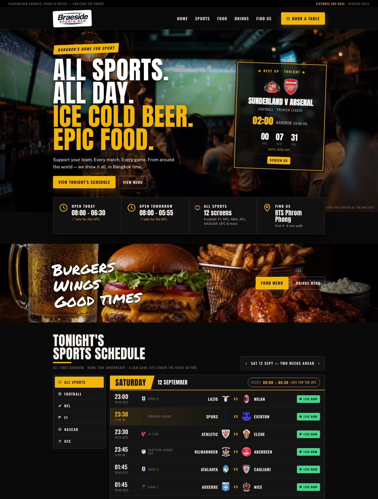 Sports bar website — fixtures, events and menus