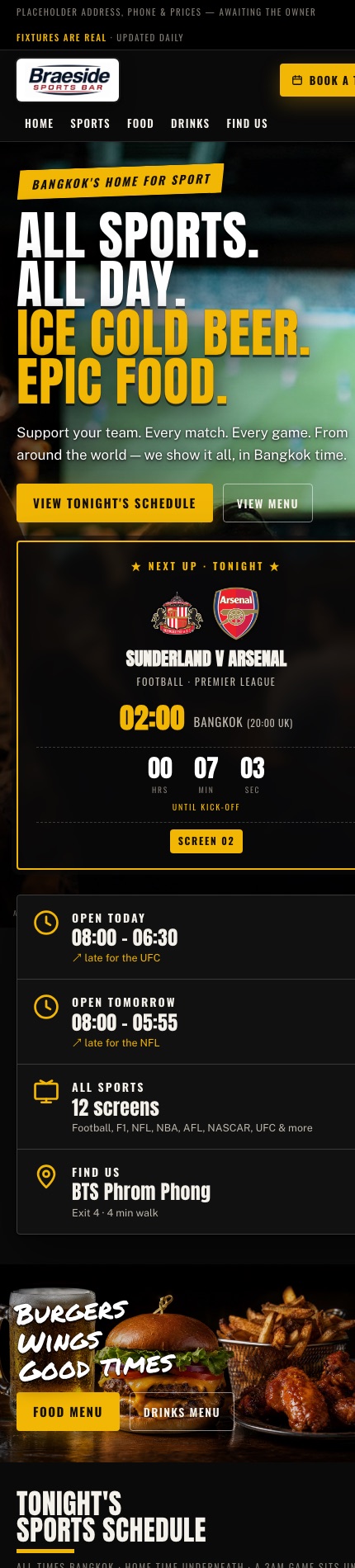 The sports bar website on a phone: the next game, a countdown, and tonight's opening hours