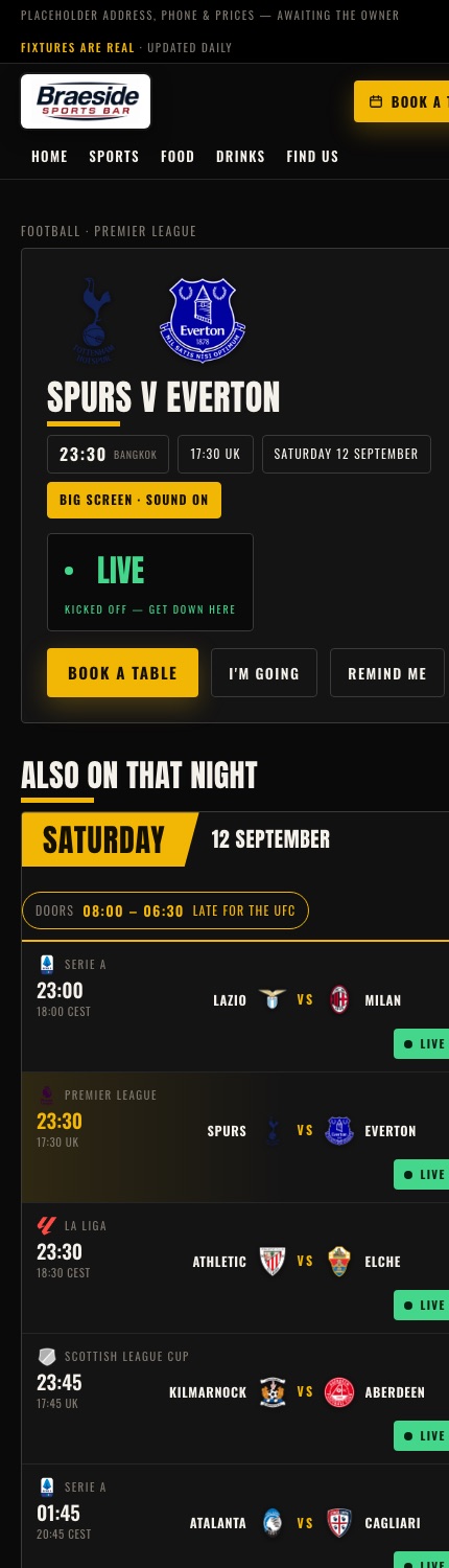 A single match page on a phone with kick-off time, screen, and a book button