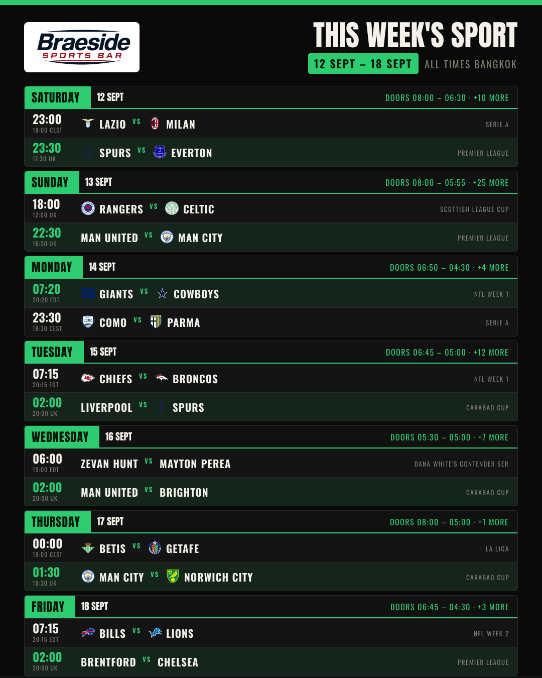An automatically generated Instagram poster listing the week's fixtures with team crests