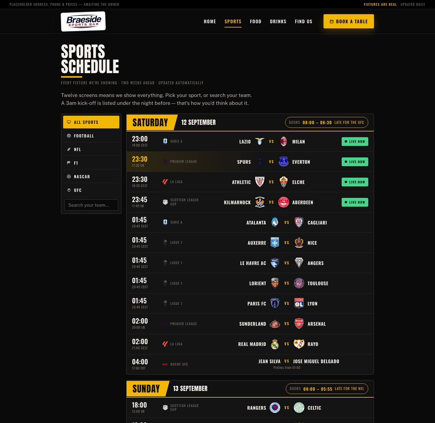 The full two-week schedule with a sport filter and team search